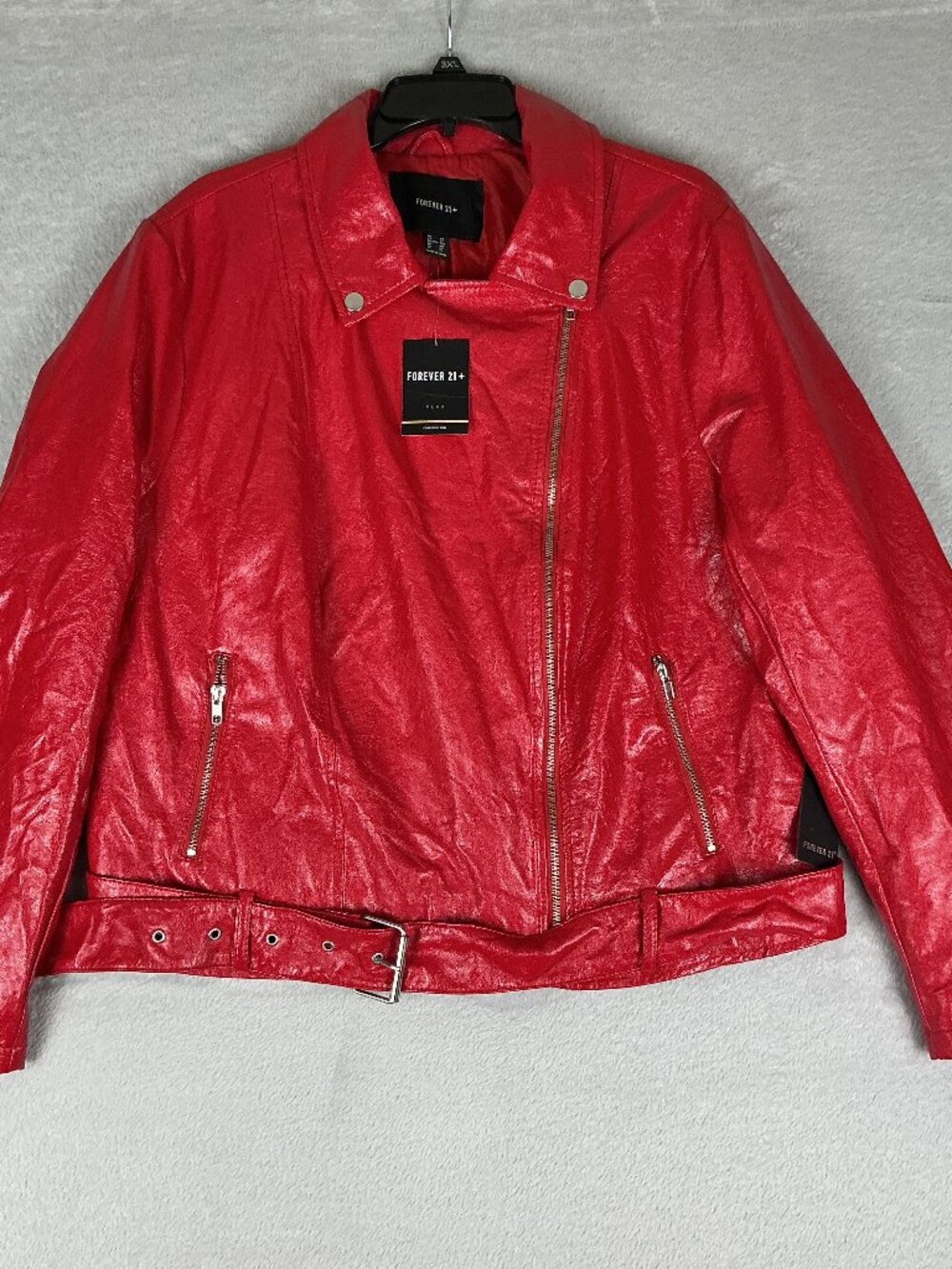FOREVER 21 RED WOMENS BIKER JACKET ZIPPER BELT BUTTON LONG SLEVEE 2X NWT.